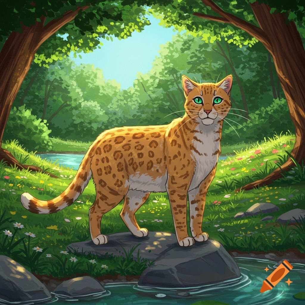 A stylized illustration of a spotted cat with green eyes standing on a rock by a stream in a lush forest.
