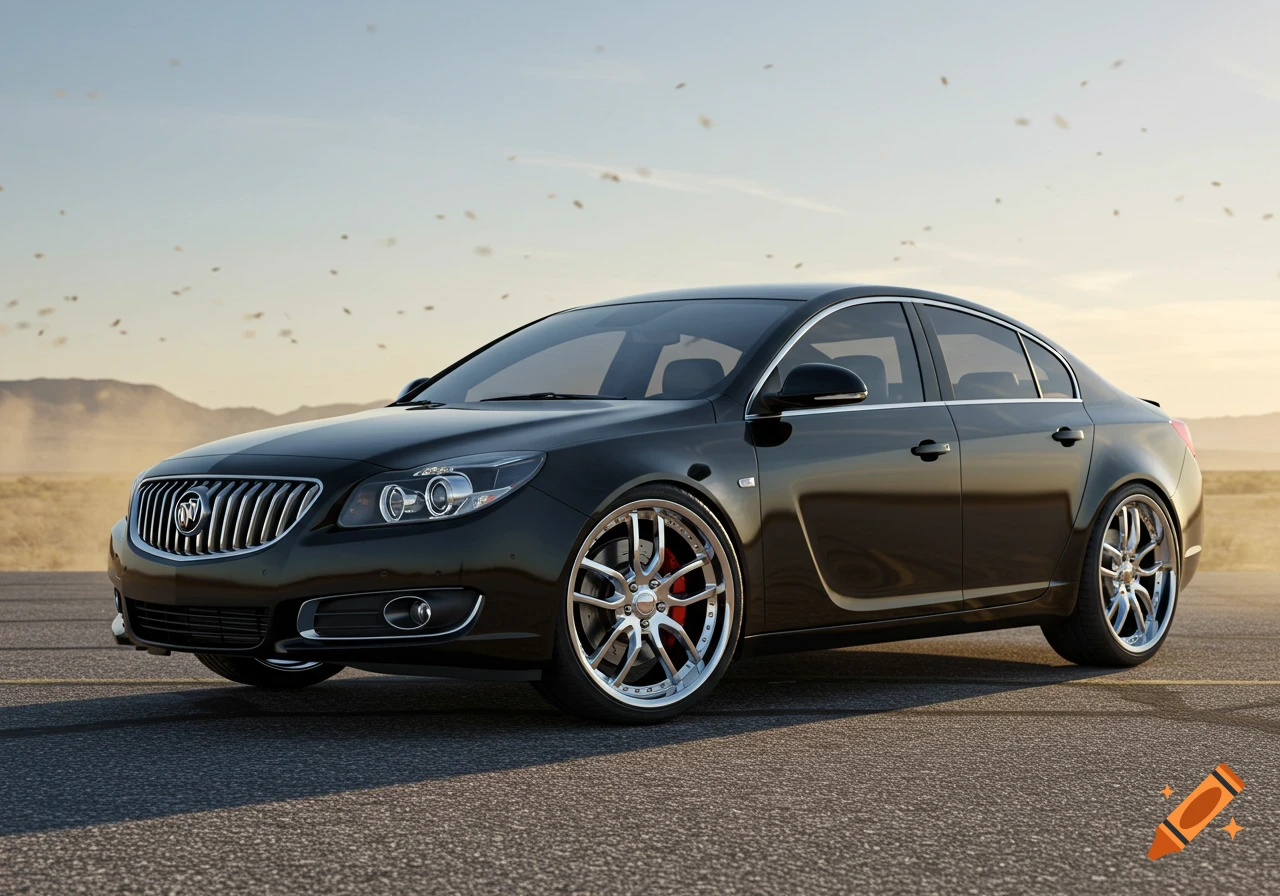 A photorealistic black 2012 Buick Regal GS sedan with custom wheels, parked on an asphalt road in a desert landscape under a clear sky.