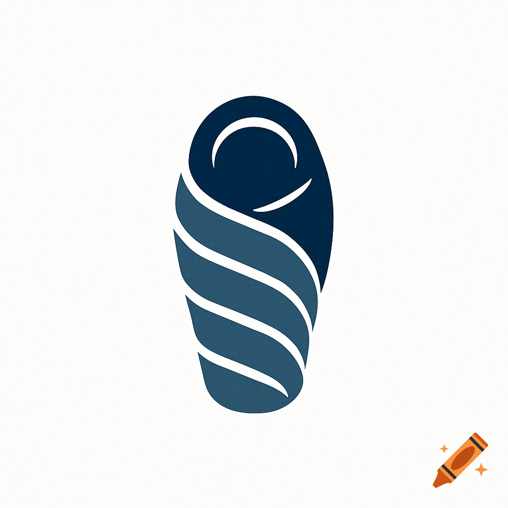 Minimalist logo of a sleeping bag in dark and light blue, with a crescent shape at the top, on a white background.