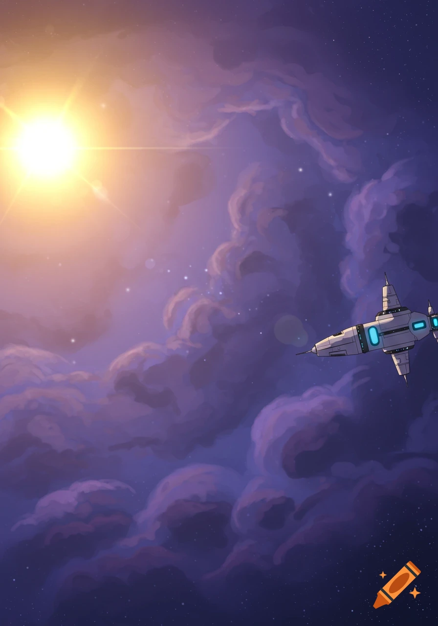 A cartoon-style spaceship flies through a purple, cloudy space with a bright sun in the upper left.