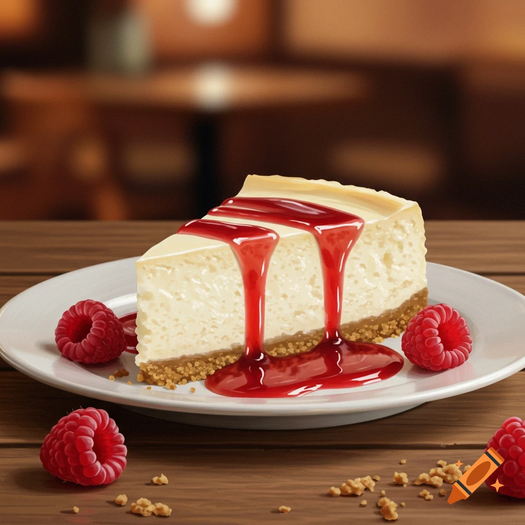 A slice of cheesecake with red raspberry sauce and fresh raspberries on a white plate on a wooden table.
