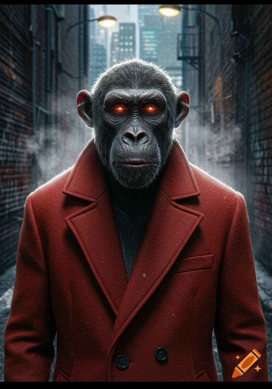 A photorealistic chimpanzee in a red coat with glowing red eyes stands in a dark urban alley with streetlights and buildings.