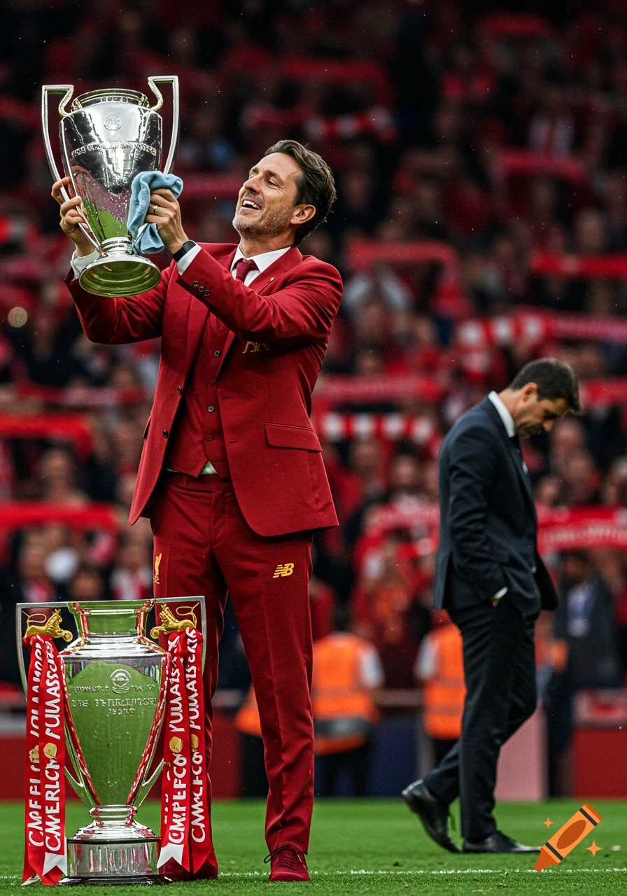 A man in a red suit happily polishing a large silver trophy, another trophy at his feet. In the background, a man in a dark suit walks away dejectedly on a football field.