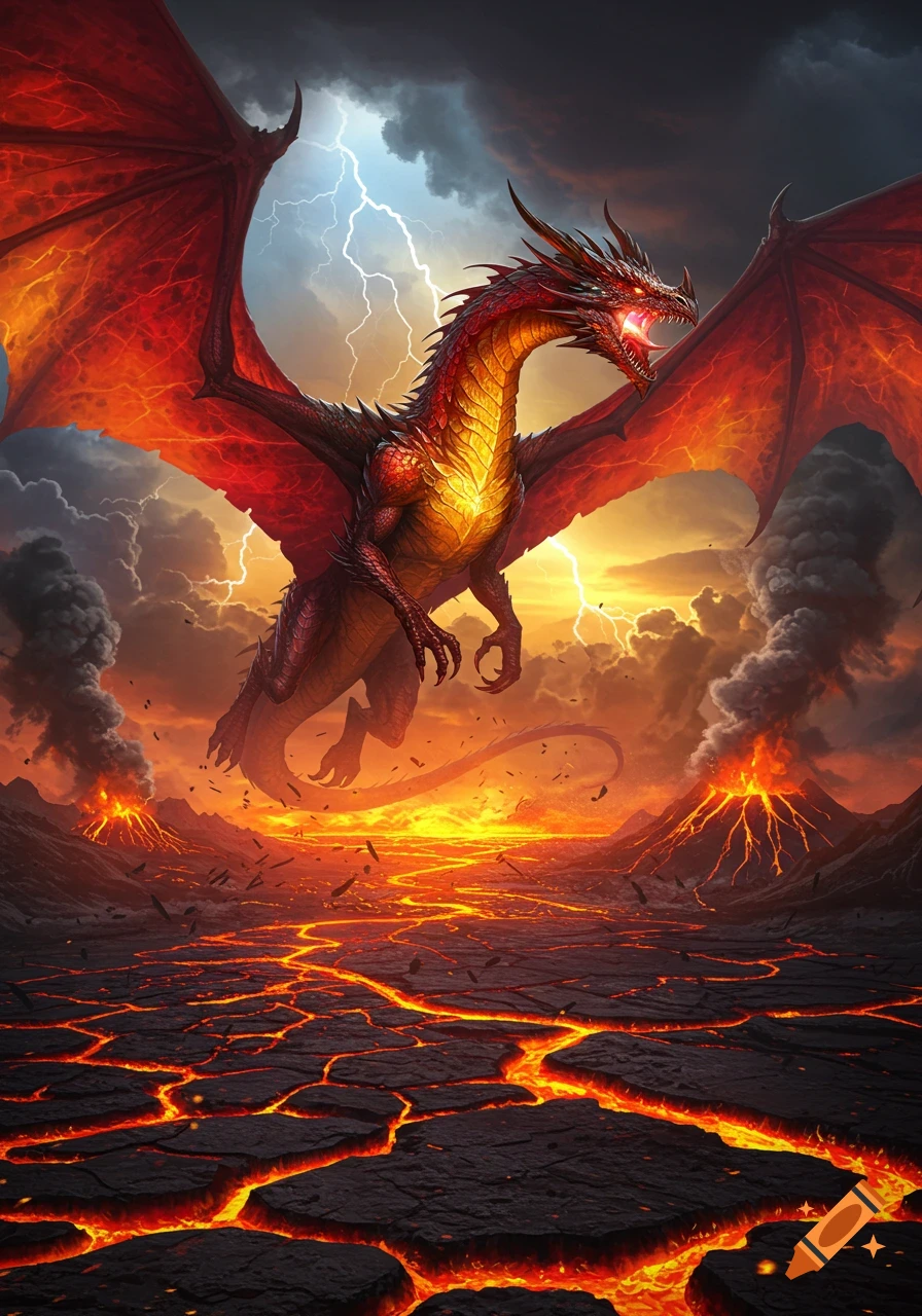 A fierce red and orange dragon with large wings flies over an erupting volcanic landscape under a stormy, lightning-filled sky.