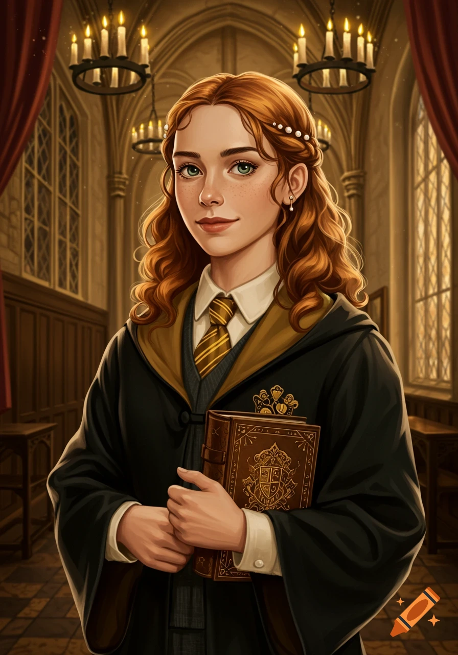 A stylized portrait of a young woman with red curly hair in a Hufflepuff uniform, holding a book in a castle hallway.