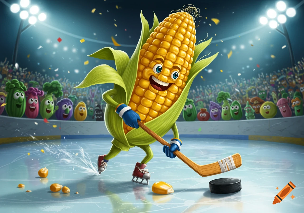 A vibrant cartoon smiling corn cob character ice skating and playing hockey on an ice rink, with a stadium audience of cartoon vegetables.