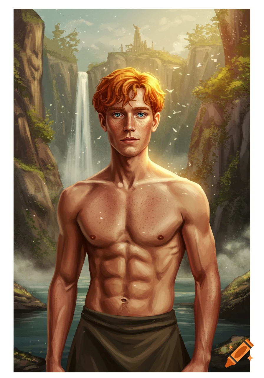 Muscular red-haired man with freckles standing shirtless in a fantasy landscape with a waterfall and mountains.