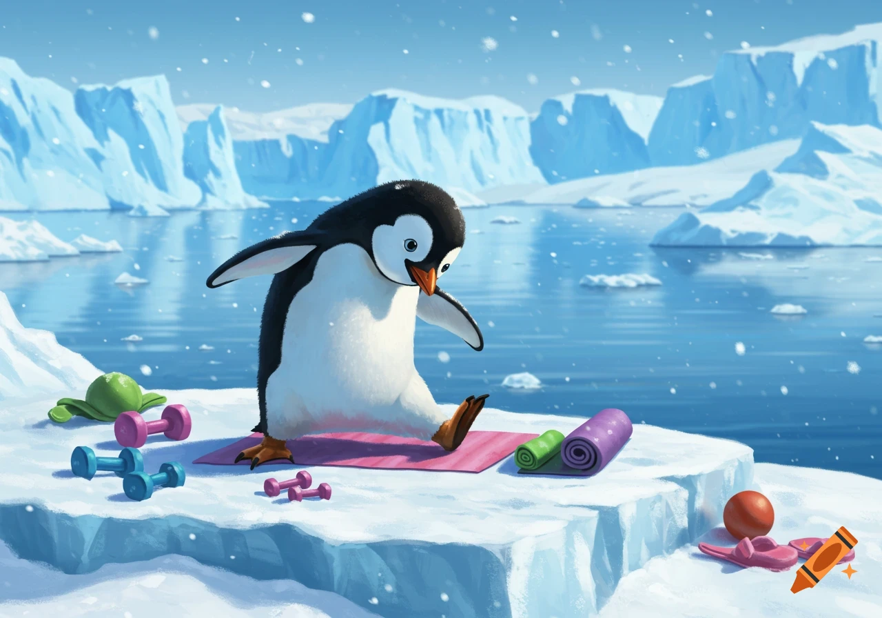 A cute cartoon penguin on a pink yoga mat, surrounded by dumbbells and exercise equipment, in a snowy arctic landscape.