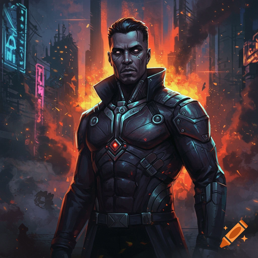 Stern man in futuristic black armor with glowing eyes in a burning, neon-lit cyberpunk city, illustration style.
