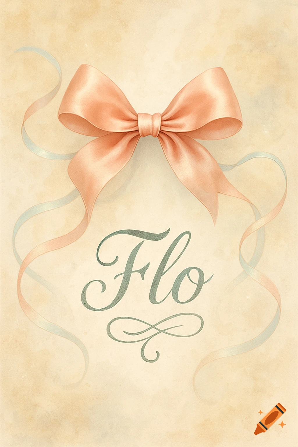 A peach-colored satin bow with trailing ribbons on a light, textured background, with the name 'Flo' written in elegant script below.
