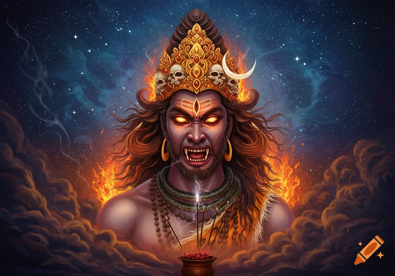 Fierce dark-skinned deity with glowing eyes, fangs, wearing a skull crown and crescent moon, engulfed in fire and cosmic stars.