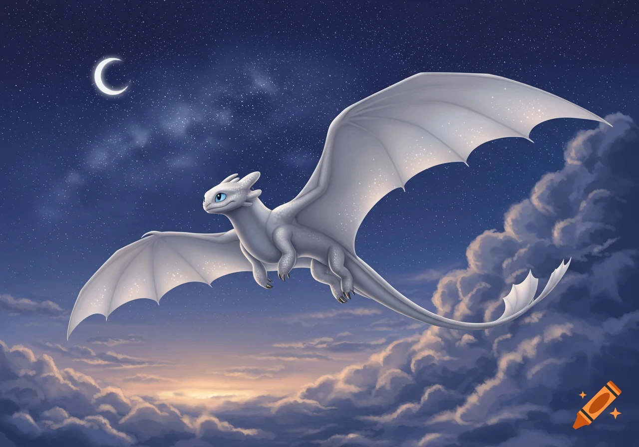 A majestic white dragon with blue eyes flies through a starry night sky with a crescent moon and clouds.