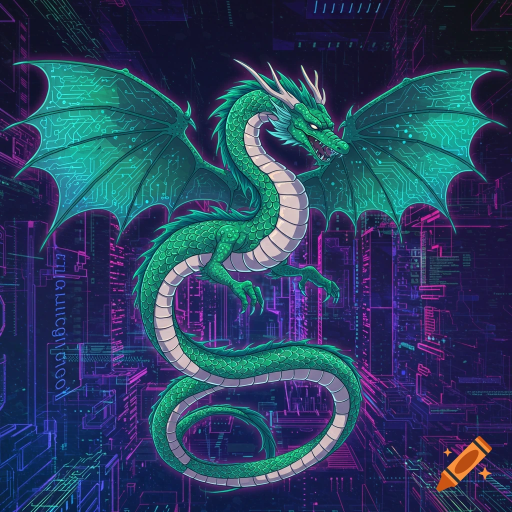 Vibrant green anime-style dragon with glowing circuit board wings against a dark cyberpunk city background.