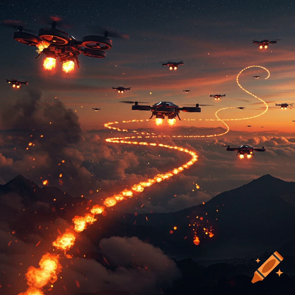 Numerous armed drones with fiery exhausts fly over a cloud-covered mountain range at sunset, leaving trails of fire.