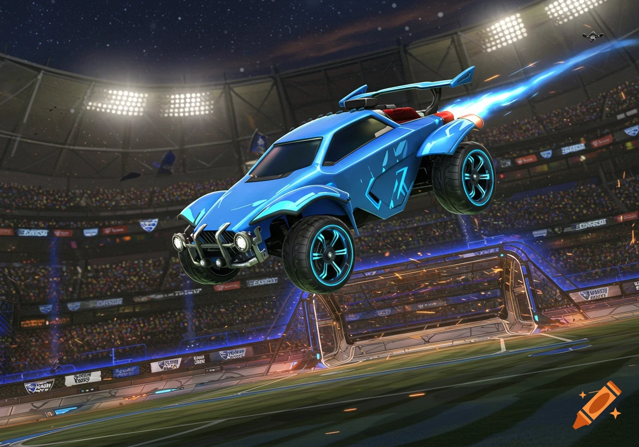 A blue Rocket League Fennec car jumps high in a brightly lit stadium at night, with a goal in the background.