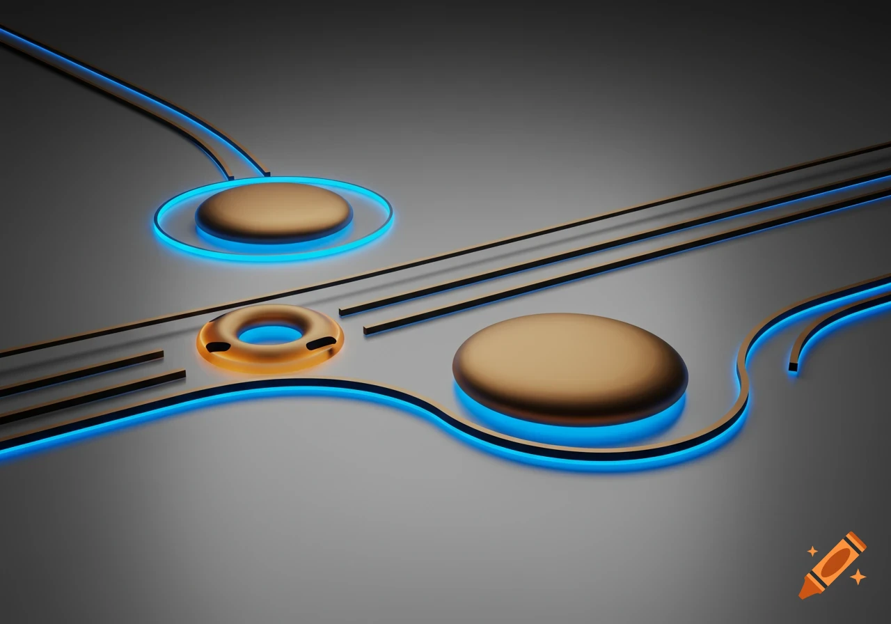 Abstract digital art of bronze circles and lines with glowing blue edges on a gray background, resembling a futuristic circuit.