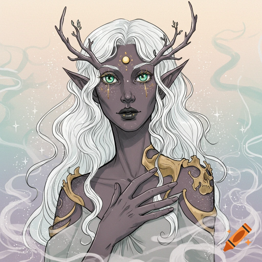 Hand-drawn portrait of a fantasy woman with dark skin, white hair, antlers, green eyes, and golden ornaments, with a hand on her chest.