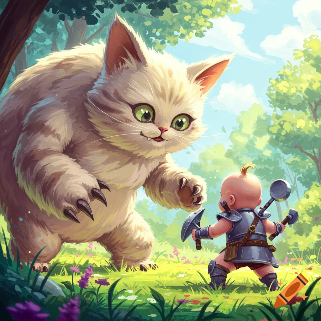 A baby warrior in armor with an axe and a mace faces a giant, fluffy, cat monster in a vibrant, cartoonish forest.