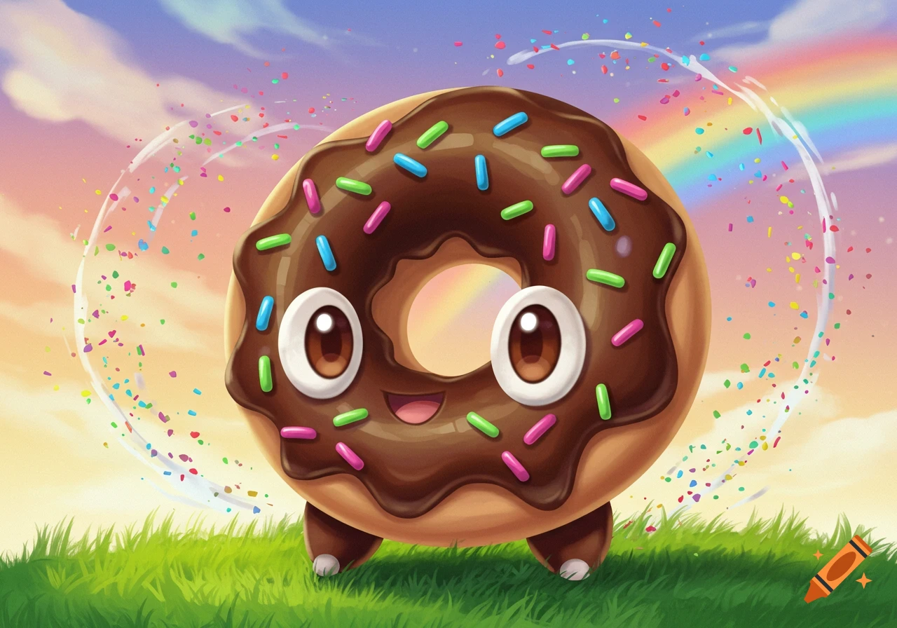 A cute, cartoon chocolate donut character with large eyes and colorful sprinkles stands on green grass under a rainbow sky with confetti.