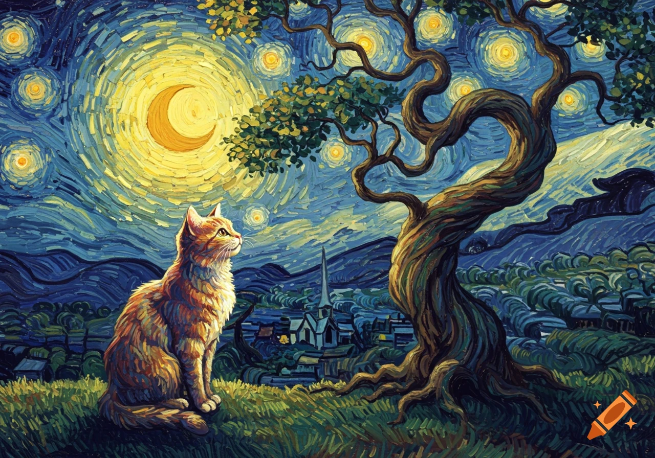 An orange cat sits on a grassy hill, looking up at a bright yellow crescent moon and swirling stars in a blue sky, with a gnarled tree and a distant village, in Van Gogh's style.