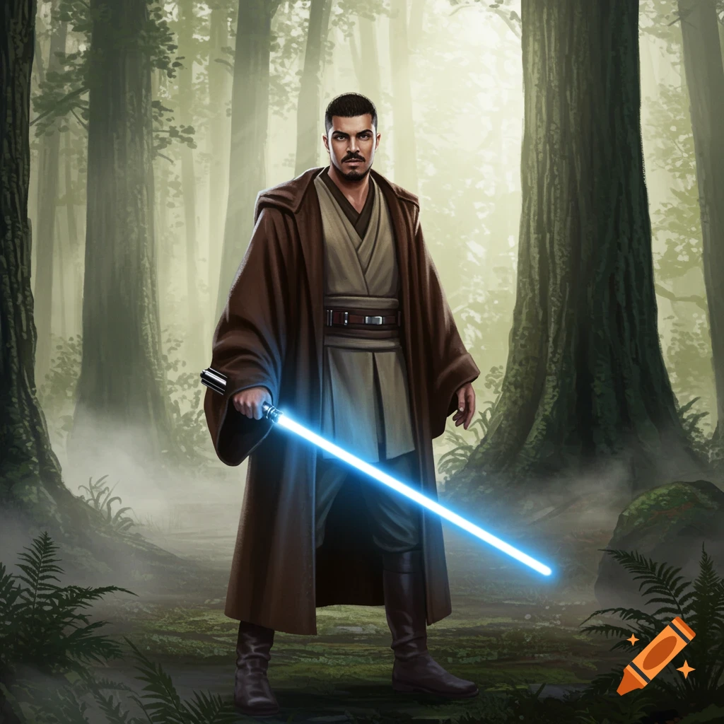A digitally painted man dressed as a Jedi stands in a misty forest, holding a glowing blue lightsaber.