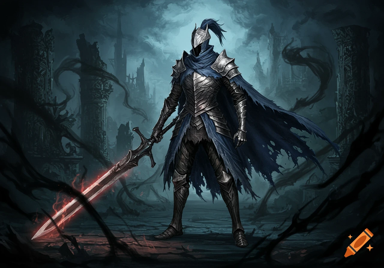 A knight in silver and blue armor with a tattered blue cape stands holding a glowing red greatsword in a dark, ruined fantasy setting.