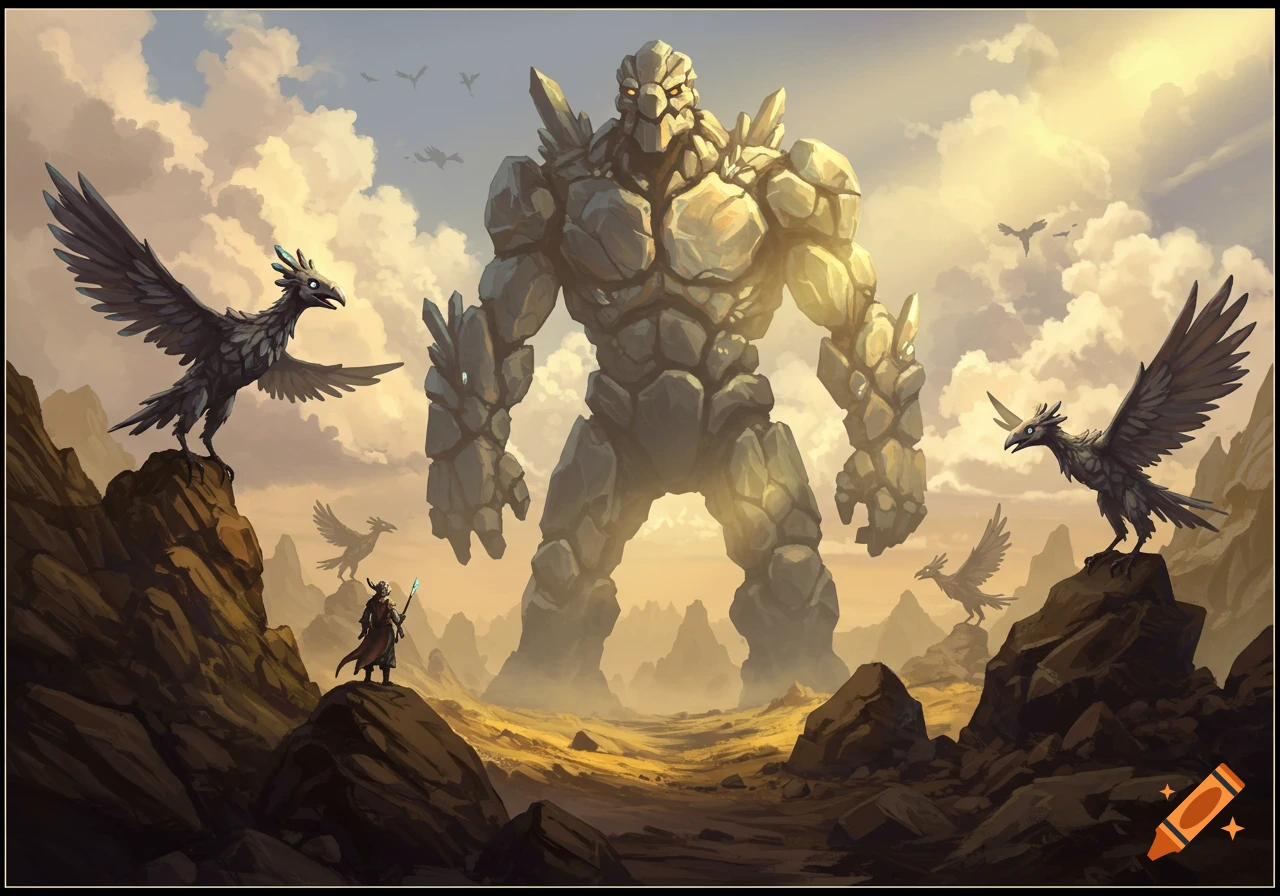 A small wizard faces a towering rock golem and rock birds in a vast, cloudy desert landscape. Digital fantasy art.