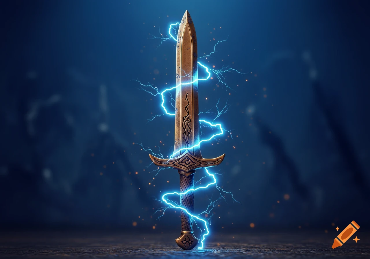 A detailed bronze sword is engulfed in bright electric blue lightning bolts against a dark, mystical blue background.