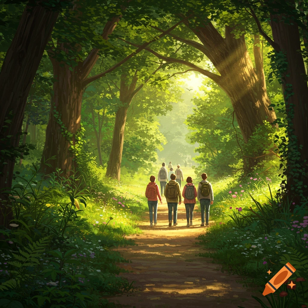 Illustrative image of a group of people walking on a sunlit dirt path through a lush green forest.