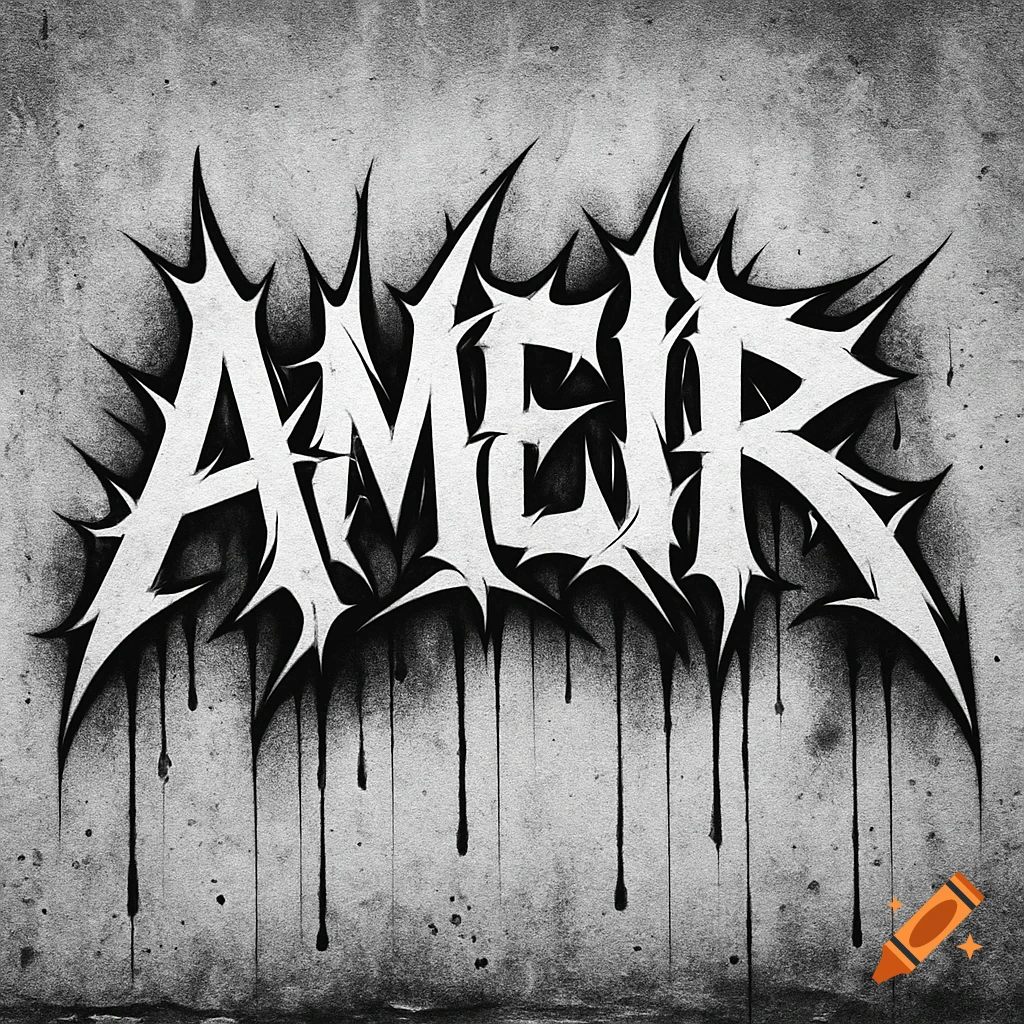 Stylized black and white graffiti spelling 'AMEIR' with sharp, thorn-like edges and paint drips on a concrete wall.
