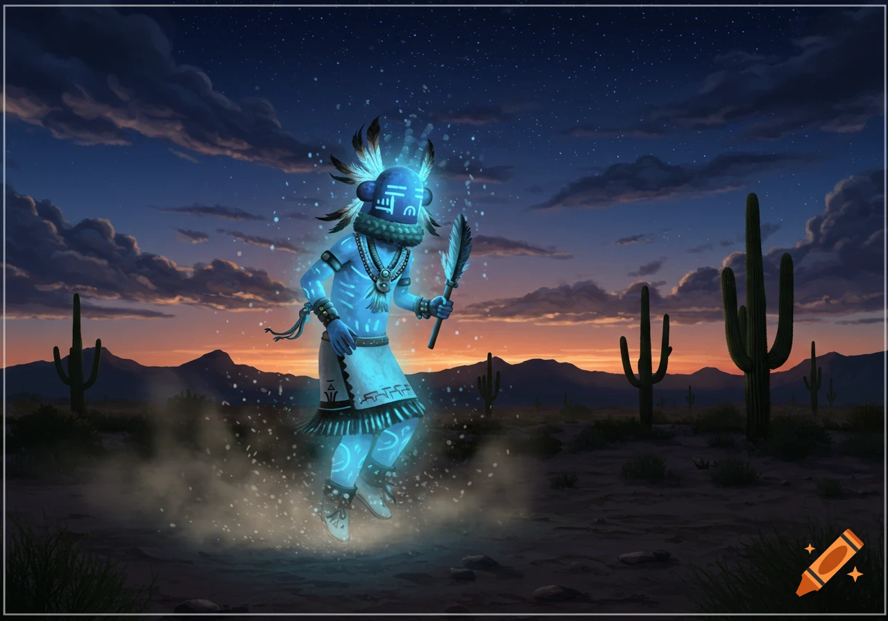 A glowing blue kachina-like figure floats in a desert landscape with saguaro cacti at sunset, digital illustration.