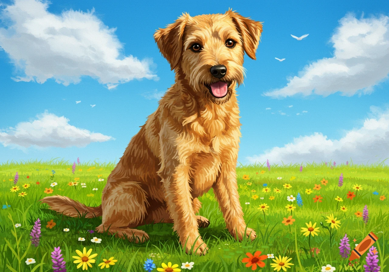 A fluffy golden-brown terrier mix dog sits happily in a vibrant green field filled with colorful wildflowers under a bright blue sky with white clouds in an illustration.