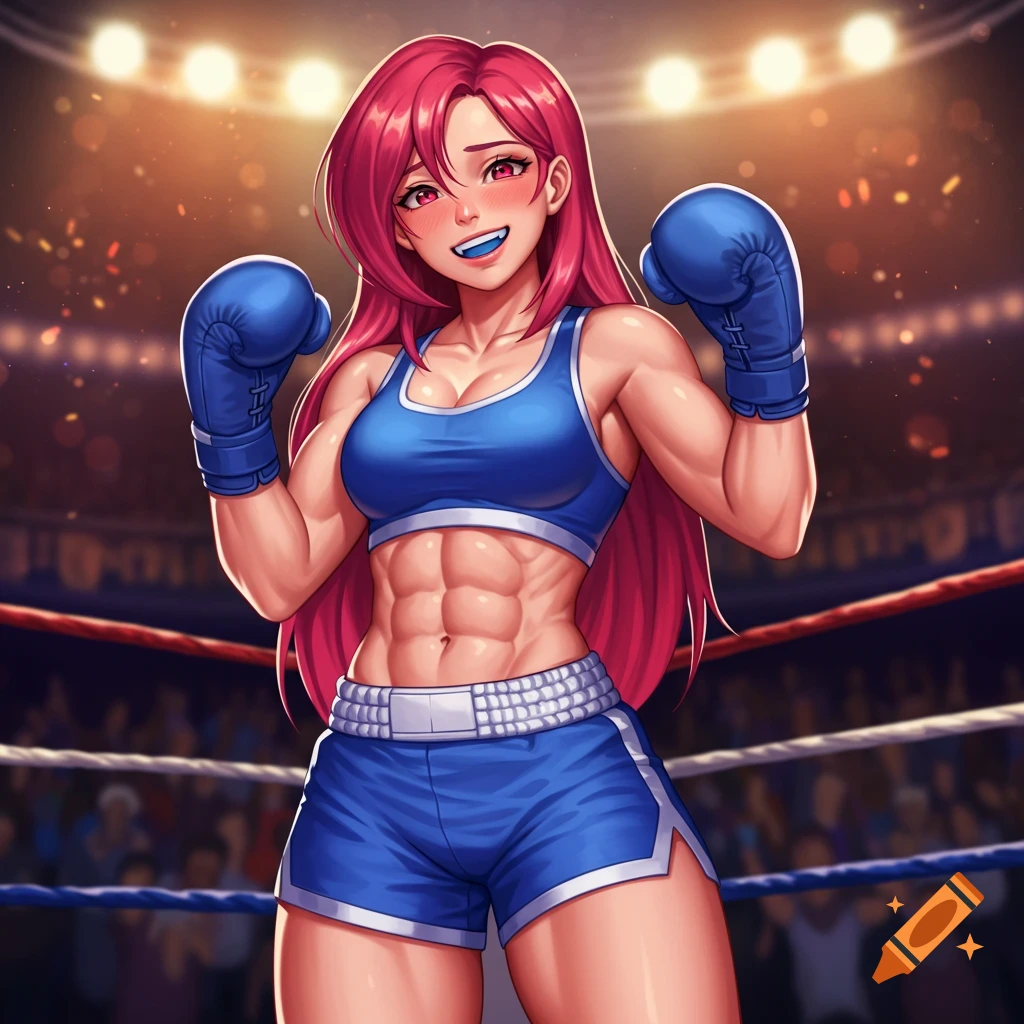 Anime girl with long red hair, blue sports bra and shorts, and blue boxing gloves, smiling in a brightly lit boxing ring.