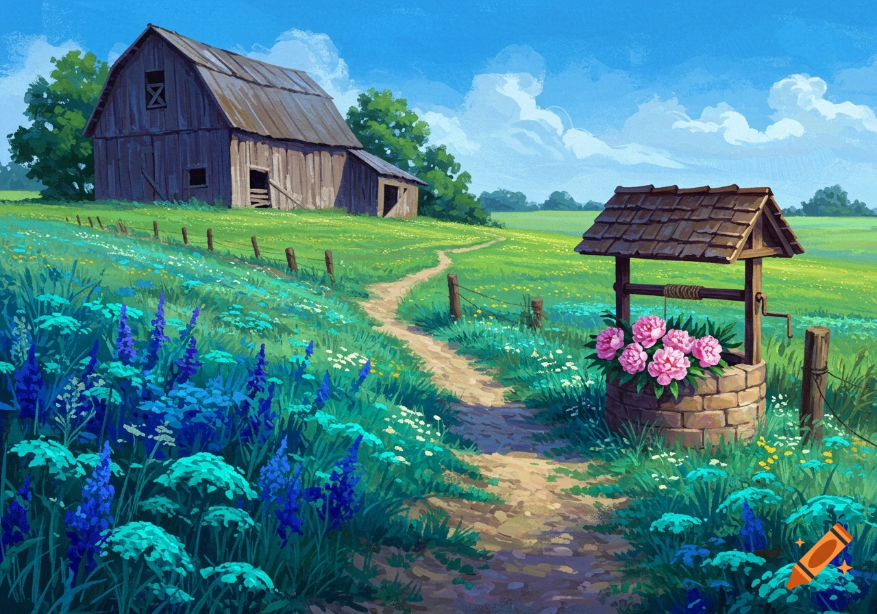 Painted countryside landscape with a wooden barn, a dirt path, a stone well filled with pink peonies, and wildflowers under a blue sky.