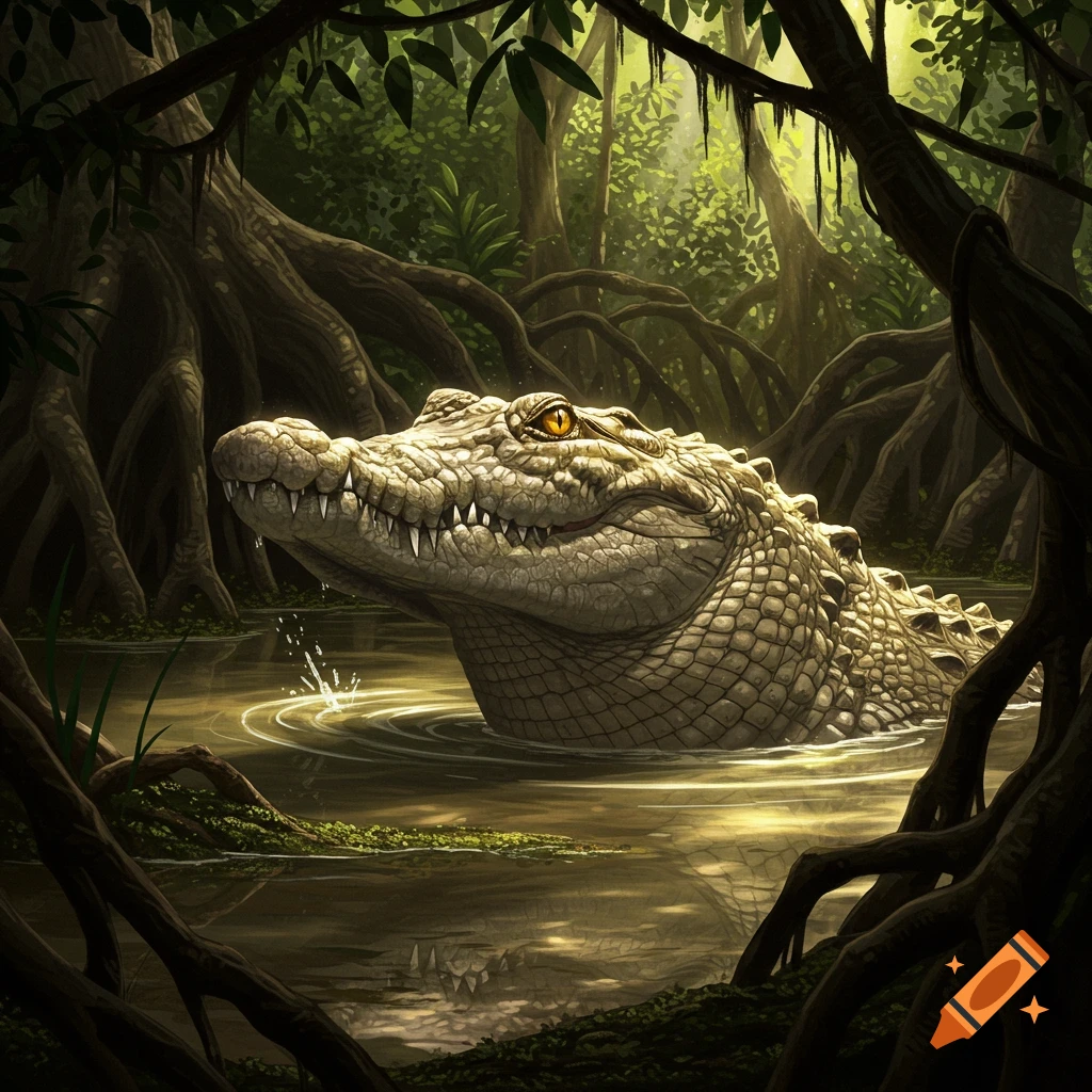A large, scaly crocodile with bright yellow eyes surfaces in murky swamp water, surrounded by dense mangrove roots and dappled sunlight, in a realistic illustration.