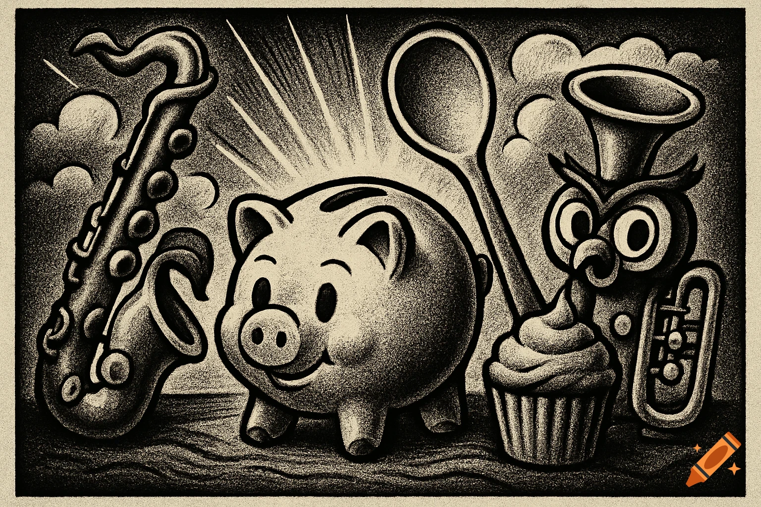 Monochrome vintage cartoon illustration of a smiling piggy bank, saxophone, spoon, cupcake, and an owl-like creature with a horn, with heavy textures.