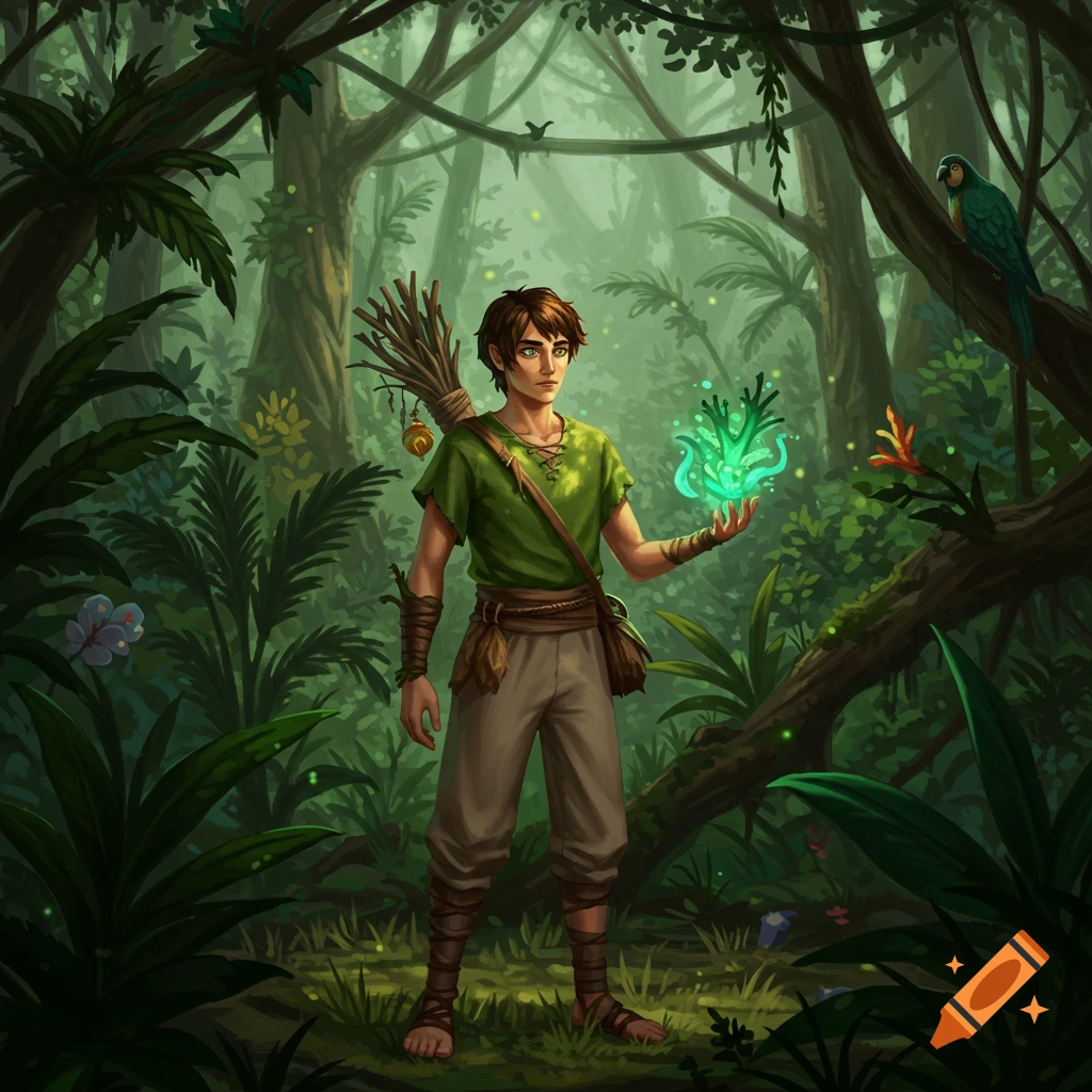 A young male herbalist with brown hair and green eyes, holding a glowing green magical plant in a lush jungle with a parrot.