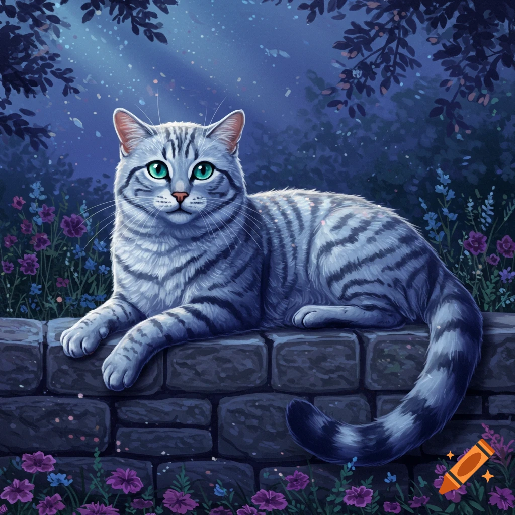 A silver tabby cat with bright green eyes lies on a stone wall, surrounded by purple flowers and dark foliage under a sparkling night sky, in a digital painting style.