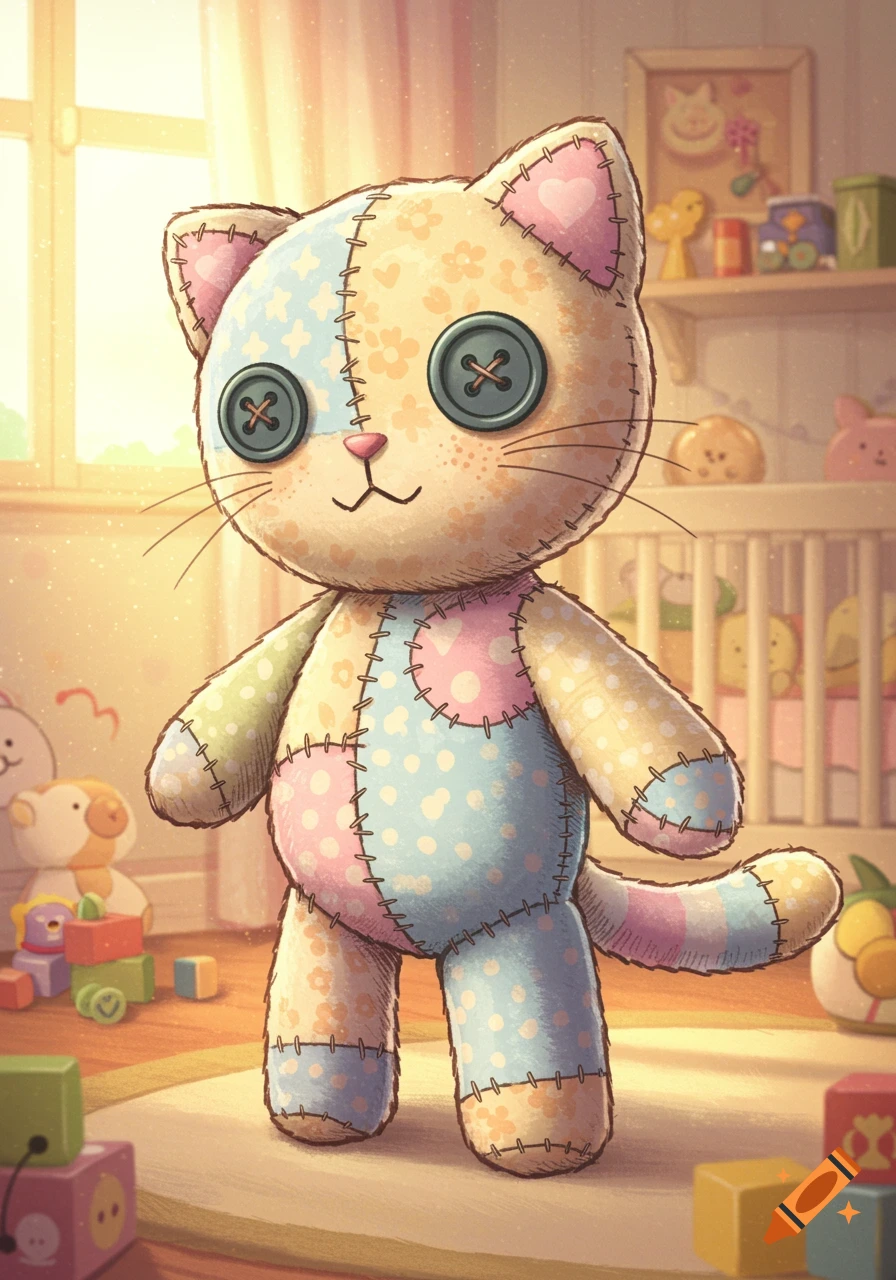 A cute, pastel patchwork rag doll cat with button eyes stands in a bright children's room, in a children's book illustration style.