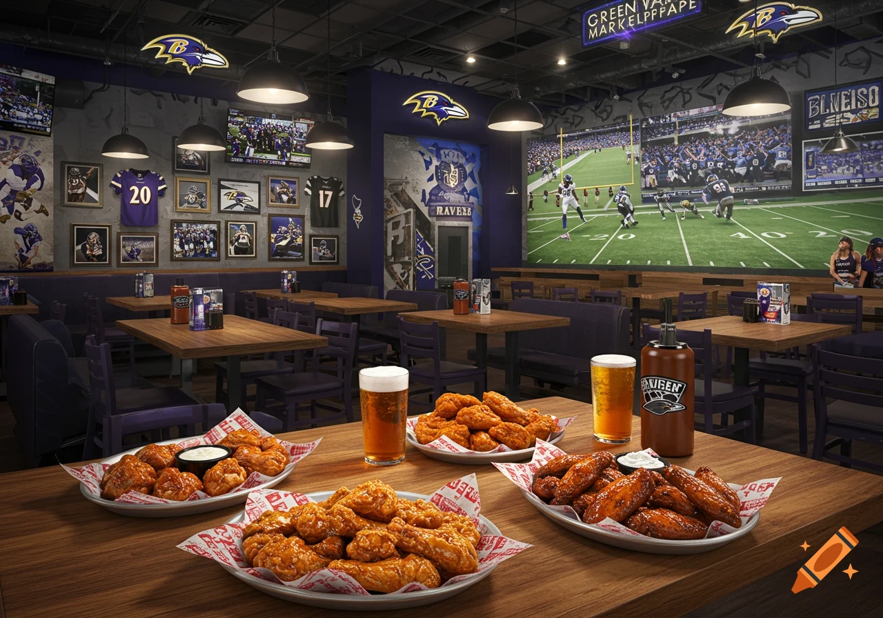 A bustling sports bar themed around the Baltimore Ravens, with tables full of chicken wings and beer, and large screens showing a football game. Jerseys and team memorabilia adorn the walls.