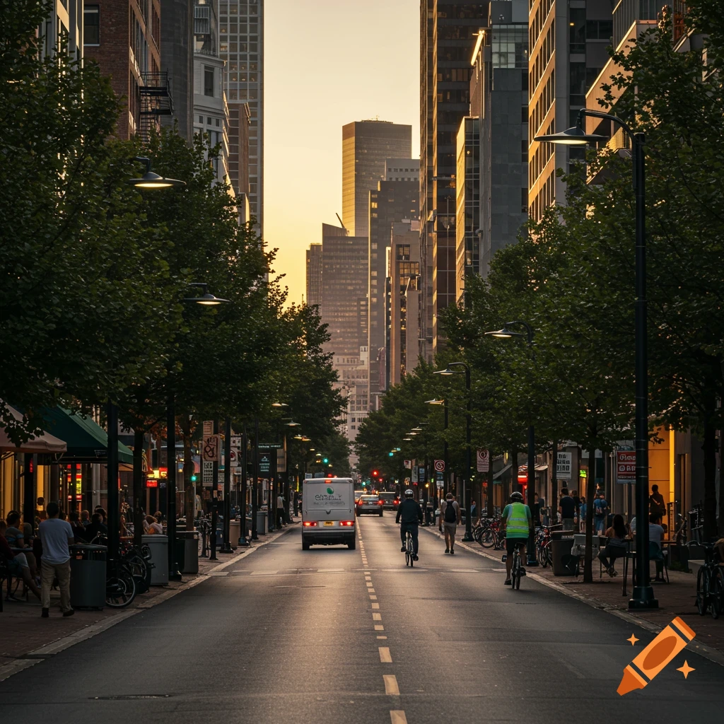 A bustling city street at sunset, flanked by tall buildings and trees, with pedestrians, cyclists, and a white delivery van.