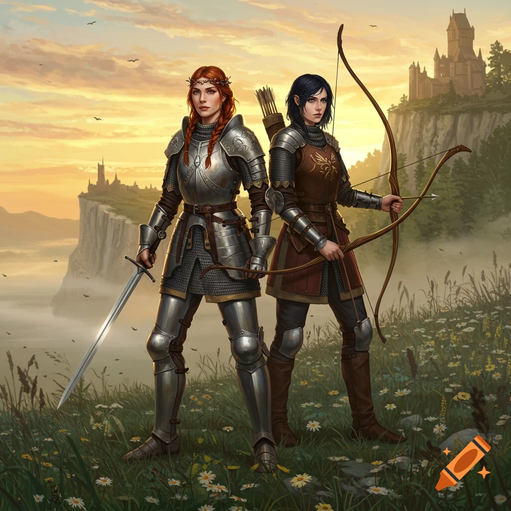 Two armored women, a swordswoman and an archer, stand in a field with castles on cliffs at sunset, digital painting.