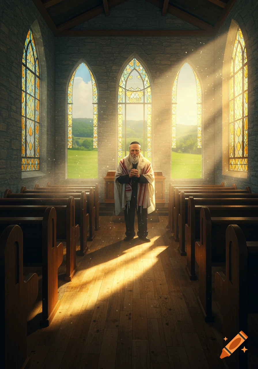 Bearded man in religious attire praying in a sunlit chapel with stained glass windows.