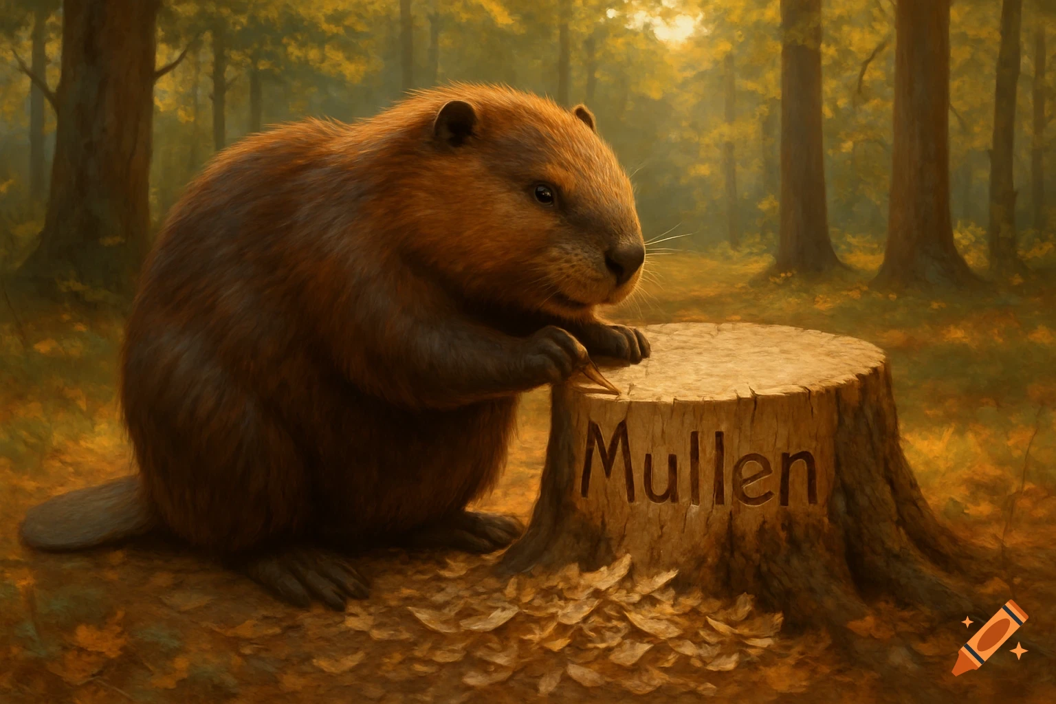 A brown beaver carves the name 'Mullen' into a tree stump in a sunlit forest, with autumn leaves scattered around.
