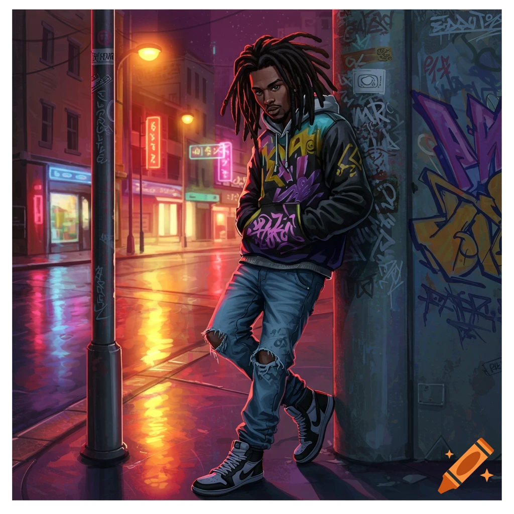 An illustrated man with dreadlocks, wearing a hoodie and ripped jeans, leans against a graffiti-covered pole on a neon-lit, rainy city street at night.