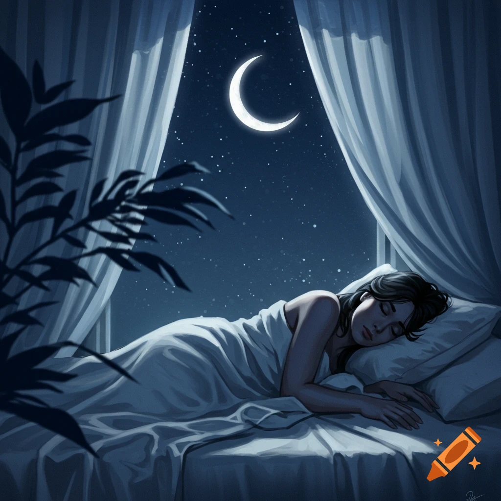 Digital painting of a woman sleeping peacefully in bed by a window with a crescent moon and stars at night.