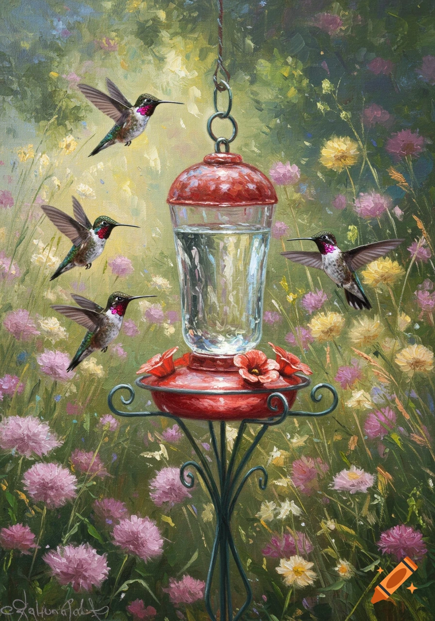 A painterly depiction of four hummingbirds around a red and glass feeder amidst a vibrant garden of pink and yellow flowers.