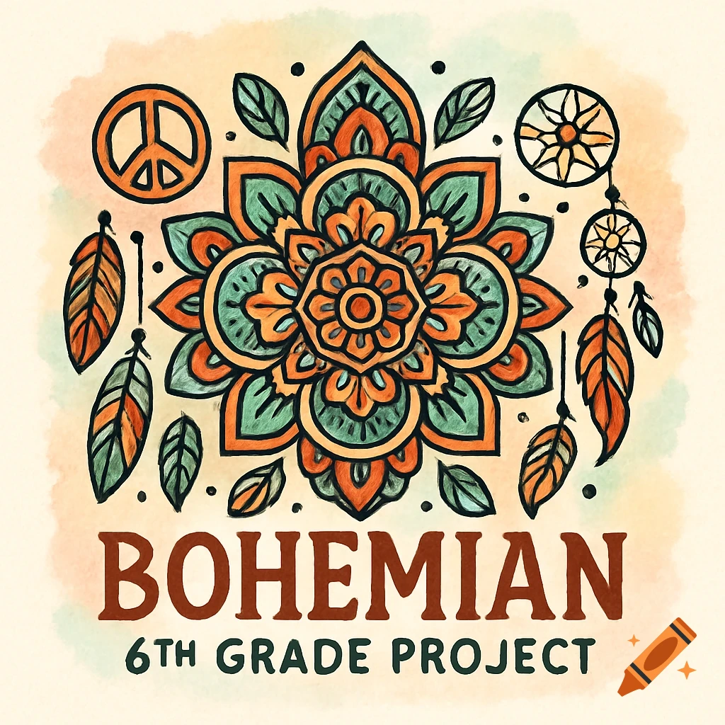 Watercolor illustration of a bohemian mandala design with a peace sign, feathers, and dreamcatchers. Text says 'BOHEMIAN 6TH GRADE PROJECT'.
