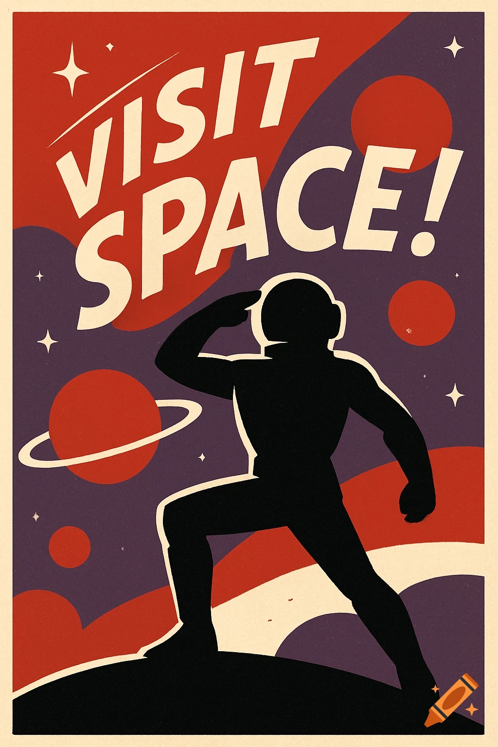 Retro space poster with an astronaut silhouette saluting, planets, stars, and text 'VISIT SPACE!' against red and purple.