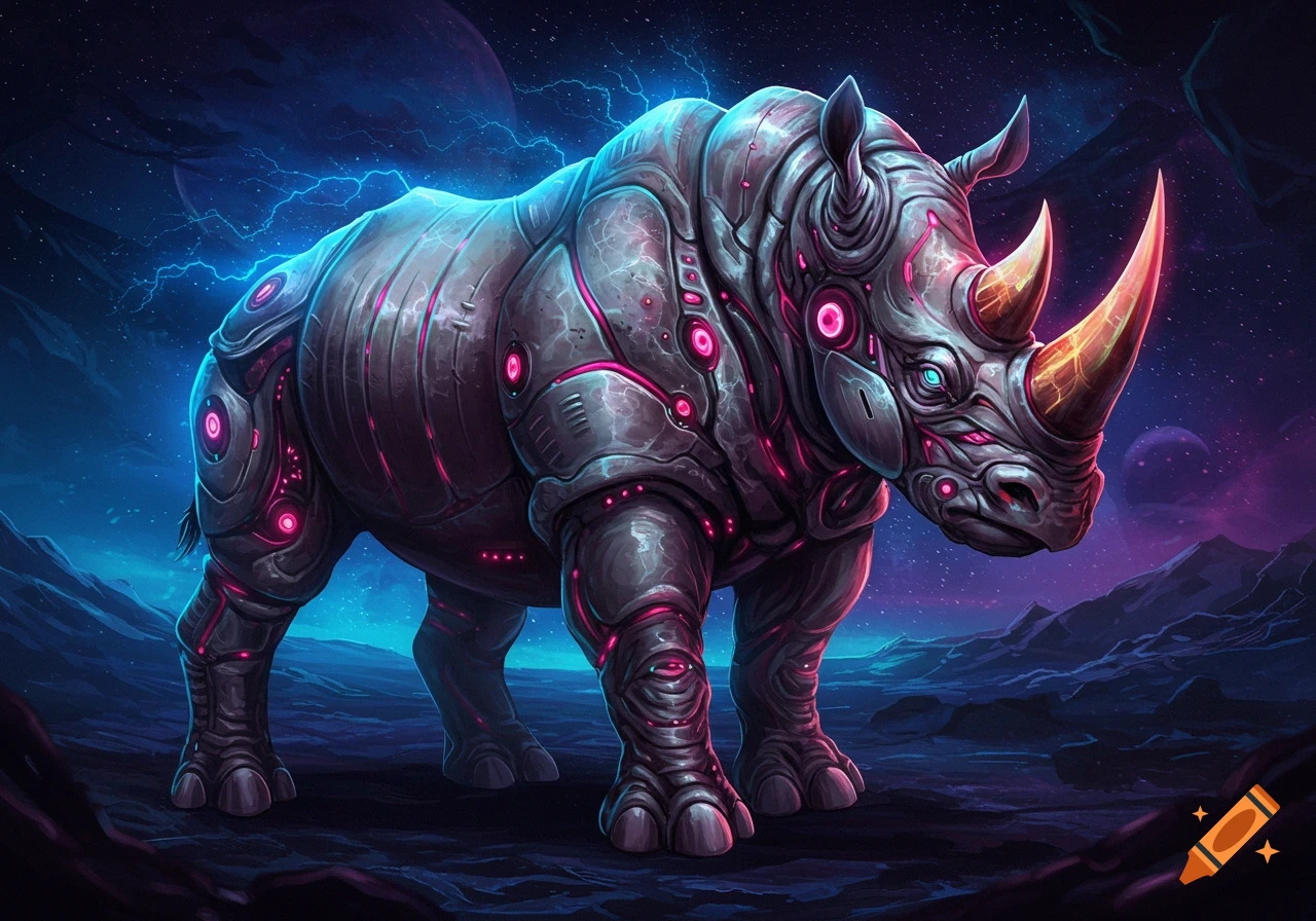 Futuristic biomechanical rhino with glowing pink accents and golden horns on an alien planet under a lightning-filled, starry sky.